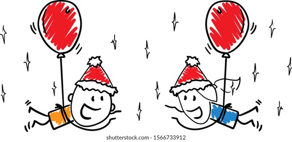 Girl and Boy on balloons flying happy. Couple office workers. Girl hand drawn doodle line art cartoon design character - isolated vector illustration outline of woman.