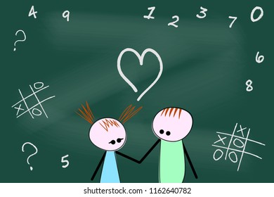 Girl and boy on chalkboard sketch background. Vector illustration.
