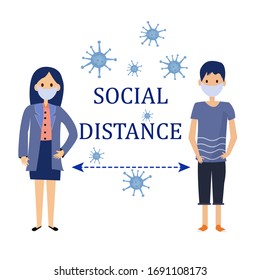 Girl and boy on distance. Quarantine, ncov, Corona viruses concept. Text: social distance in vector design. Healthcare, epidemic prevent. 