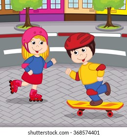 girl and boy on rollerblading and skateboarding - vector illustration, eps