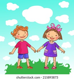 Girl and Boy on the sky background. Children Sport isolated objects. Great illustration for a school books and more. VECTOR. Editorial. Education. Advertising. Board.