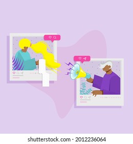Girl and boy on social networks. Vector  flat illustration.