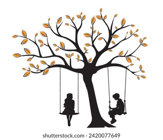 Girl and boy on a swing on branch on sunset, vector illustration. Girl and boy silhouette on a swing on branch silhouettes. Wall decals isolated on white background, art design, drawing artwork.