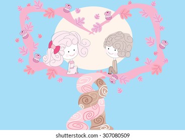 girl and boy on a tree, vector illustration