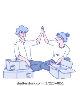 Girl and boy are packing orders together character design of vector. Doodle illustration.
