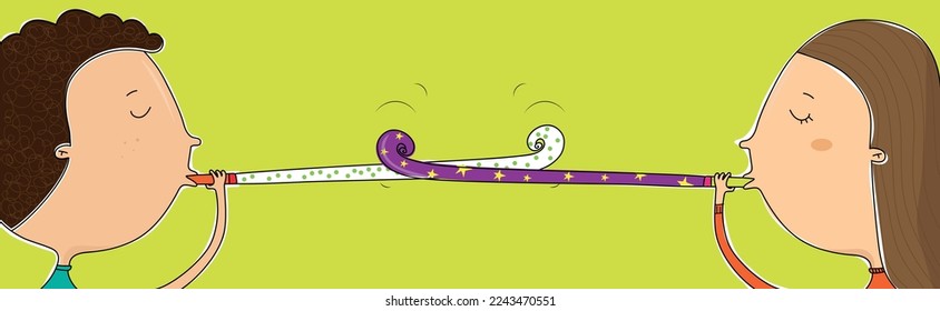 Girl and boy with party blower