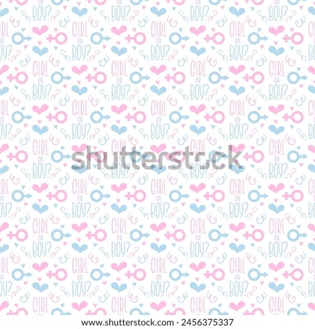 Girl or Boy Phrase Gender Reveal Party Seamless Pattern. Pink and Blue Repeating Endless Background.