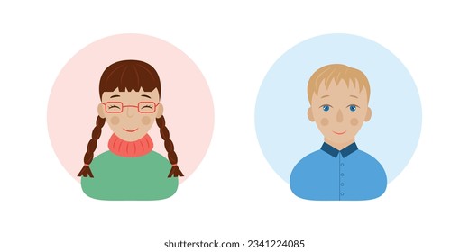 A girl and a boy. A girl with pigtails and a blond boy. Avatars with images of children. Vector illustration