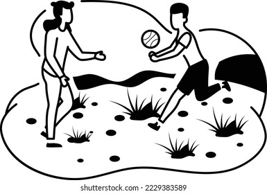Girl Boy Play Ball Concept, Brother Sister Enjoying at black fields vector color icon design, Outdoor weekend Activity symbol, Travel Holiday Scene Sign, Relaxing people at Vacation stock illustration