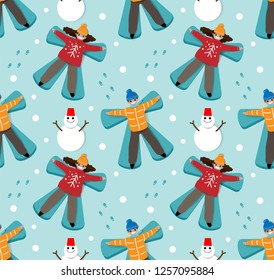 girl and boy are playing angle snow in the Christmas with snowman.seamless pattern