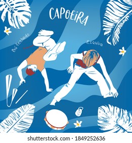 Girl and boy are playing capoeira, brazilian martial art, on the abstract blue background with the musical instruments pandeiro, agogô, caxixi and text: capoeira, aú fechado, esquiva.