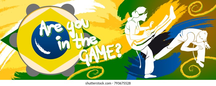 Girl and boy are playing capoeira, brazilian martial art, on the abstract background