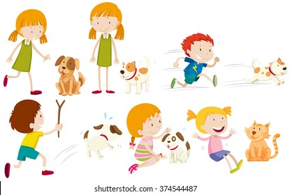 Girl and boy playing with dog illustration