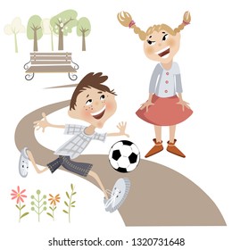 girl and boy playing football in the park