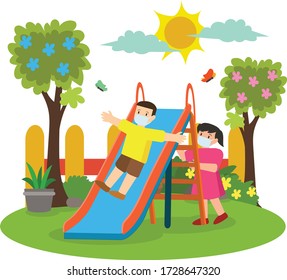A girl and a boy playing slide outside while using medical mask