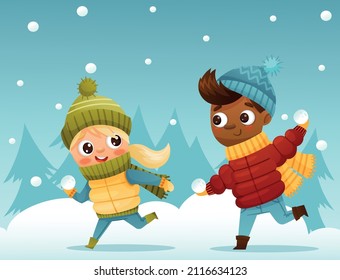 Niña y niño jugando bolas de nieve en invierno contra el telón de fondo de nieve y fusilería. Ilustración vectorial para diseños, impresiones y patrones. Ilustración del vector