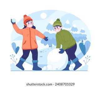 Girl and boy playing snowballs in winter. Happy children playing in the snow, Winter season outdoor activity. Vector illustration