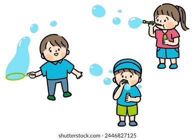 Girl and boy playing with soap bubbles.