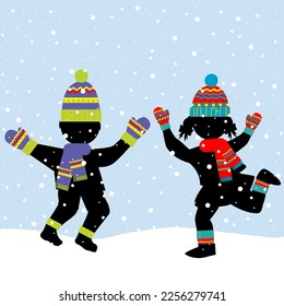 Girl and boy playing in winter cold weather clothing with colored scarfs, caps and mittens