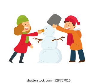 girl and boy playing in the Winter Games sculpt a snowman. vector illustration.