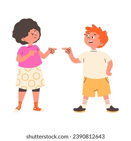 Girl and boy point fingers at each other. Playing children poke index fingers. Hand gesture. Isolated flat vector illustration on white background.