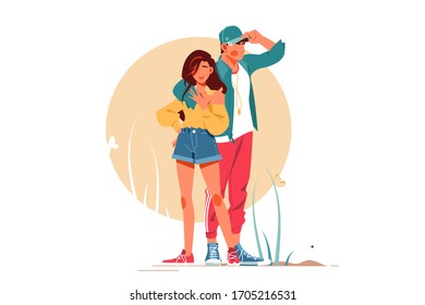 Girl and boy posing in stylish outfits vector illustration. Couple standing together flat style. Outdoors walk and leisure concept. Isolated on white background