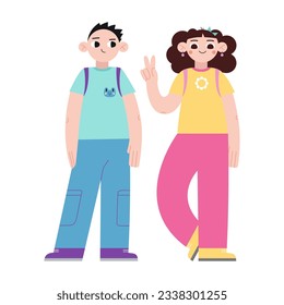 Girl and boy, pre teen or teenage kids, cartoon style. Classmates, school children standing together. Trendy modern vector illustration isolated on white, hand drawn, flat design