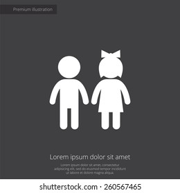 girl and boy premium illustration icon, isolated, white on dark background, with text elements 