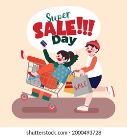 Girl And Boy Push Shopping Cart And Carry Shopping Bag To Shopping in Super Sale Events, Vector, Illustration