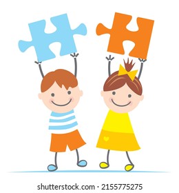 Girl and boy with puzzle, color vector illustration on white background