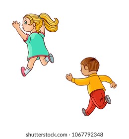 Girl and boy ranaway kids set. Sketch teen male, female characters, children in summer clothing running with afraid face looking back, back view. Isolated vector illustration