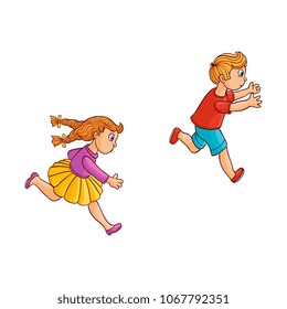 Girl and boy ranaway kids set. Sketch teen male, female characters, children in summer clothing running with afraid face looking back, side view. Isolated vector illustration