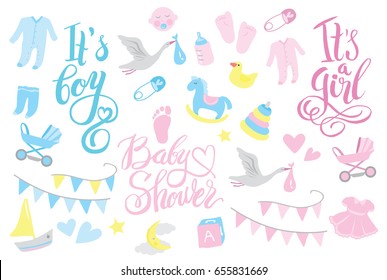 Girl and boy rattle shower set for invitation, lettering design illustration