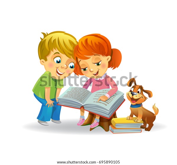 Vector De Stock Libre De Regalias Sobre Nina Y Nino Leyendo Libro Con695890105