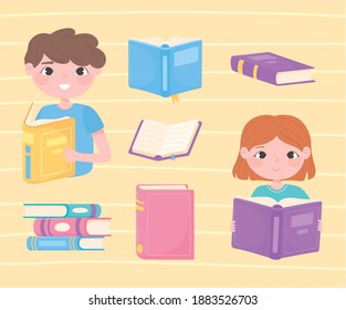 girl and boy reading a books, open textbooks literarute academic and learn icons vector illustration