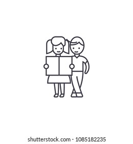 girl and a boy reading vector line icon, sign, illustration on background, editable strokes