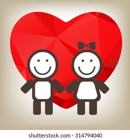 Girl and boy with red heart on a gray background.