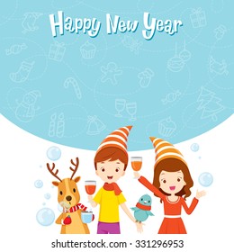 Girl, Boy, Reindeer And Bird Fun With Party, Happy New Year, Merry Christmas, Xmas, Objects, Festive, Celebrations