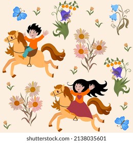 A girl and a boy ride on beautiful little horses among large flowers. Seamless print for wallpaper, fabric for kids. Cute cartoon illustration in vector.