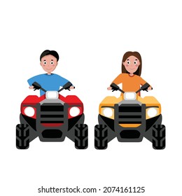 Girl and boy rides a quad bikes. ATV  rental, active hobbies. Vector illustration. Kids