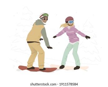 Girl and boy riding on snowboard (v.2)