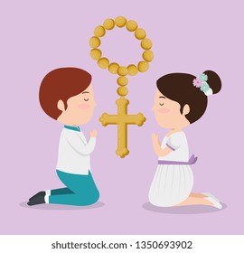 girl and boy with rosary beads to first communion