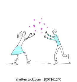 Girl and boy run towards each other, vector illustration meeting a young couple