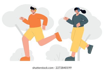 Girl and boy running. Sport competition. Relax with good music in headphones. Flat vector minimalist illustrations