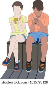 The girl and the boy sat close to each other, but with their heads down playing with their mobile phones.