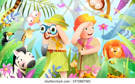 Girl And Boy Scout Kids In African Jungle Adventure, Little Explorers Hiking Expedition In The Forest. Jungle Animals Hiding From Scouts In Forest. Watercolor Style Vector Cartoon For Kids.