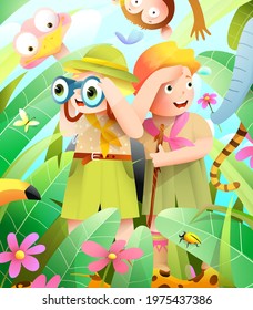 Girl And Boy Scout Kids In African Jungle Adventure, Little Explorers Hiking Expedition. Jungle Animals Hiding From Scouts In Forest, Help Them Find The Tiger. Watercolor Style Kids Vector Cartoon.