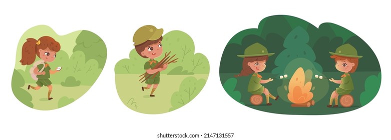 Girl and boy scouts vector illustration. Classmates cartoon characters on summer camping, excursion. Kids frying marshmallows in woods, park. Children outdoor leisure activities.