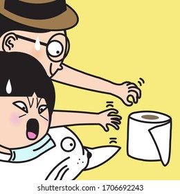  Girl, Boy And Seal Fight Over The Last Roll Of Toilet Tissue Paper During Virus Panic Buying Concept Card Character illustration