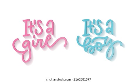 It's a girl, it's a boy - set of 3d lettering texts for greeting card. Baby shower poster overlay. Baby arrival and shower quote collection. Vector design with shadow